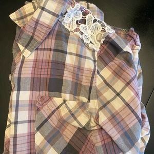 Girls button down plaid shirt with lace overlay
